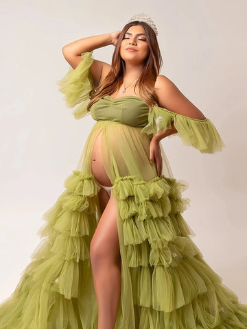 MQTIME  -  Mint Green Tulle Maternity Robes Sweetheart Tiered Pregnant Dresses Photo Shoot Sexy Ruffles Slit  Party Gowns vestido